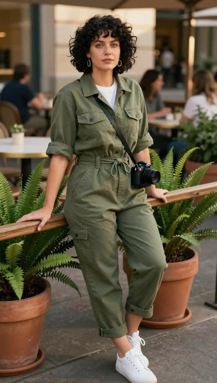 Olive Cotton Utility Jumpsuit + White Cotton T-shirt + White Leather Sneakers