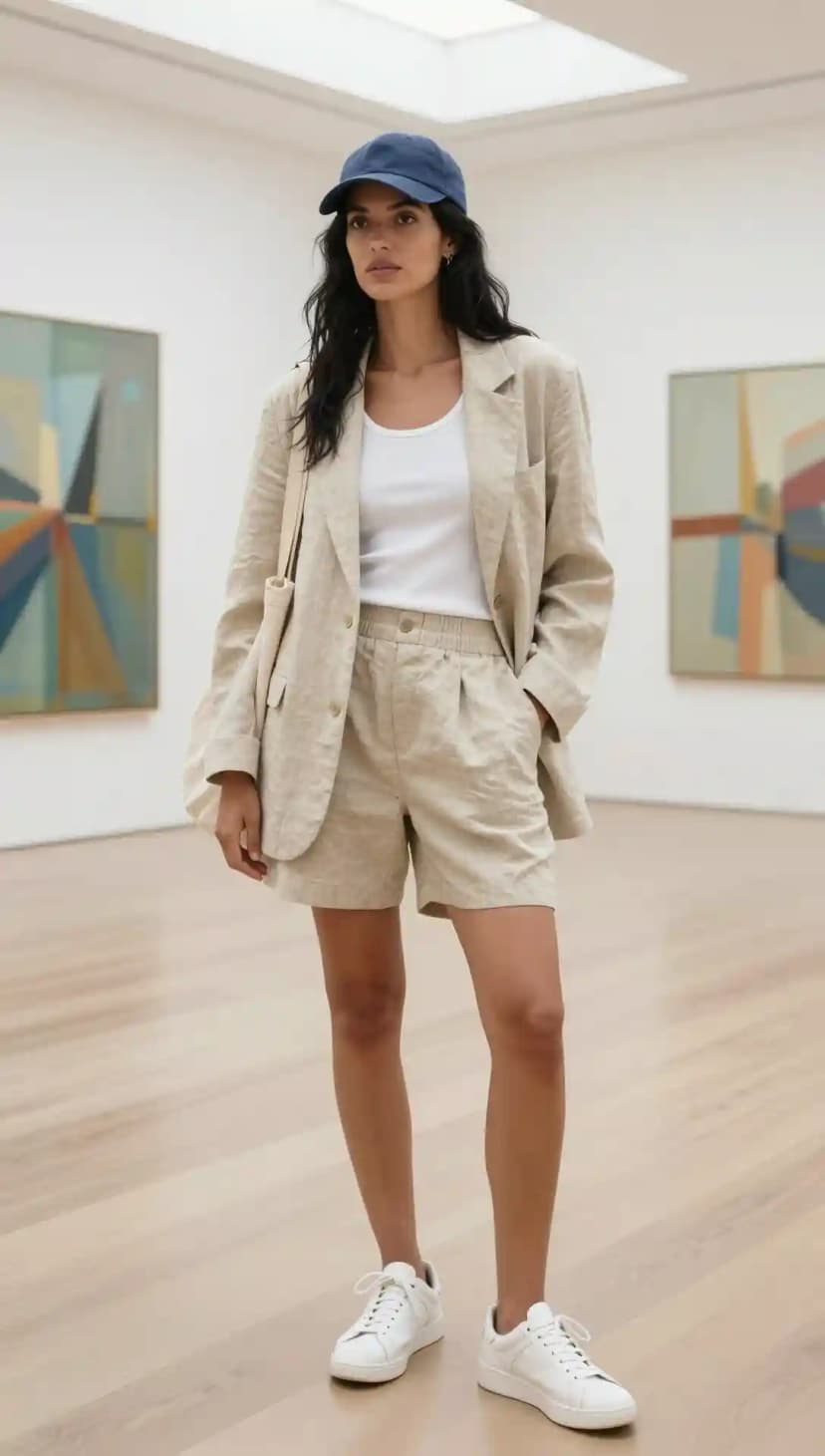 Beige Linen Blazer + White Ribbed Tank Top + Beige Linen Shorts + Navy Baseball Cap