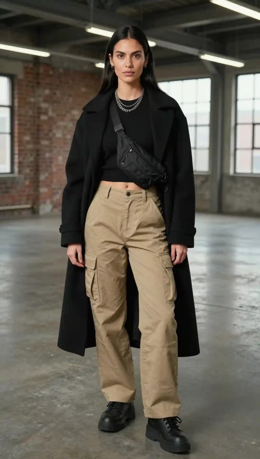Black Ribbed Knit Crop Top + Khaki Cargo Pants + Black Wool Coat
