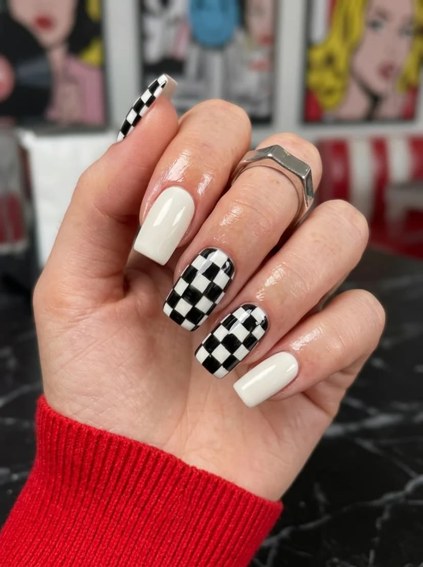 Black and White Checkerboard Nails