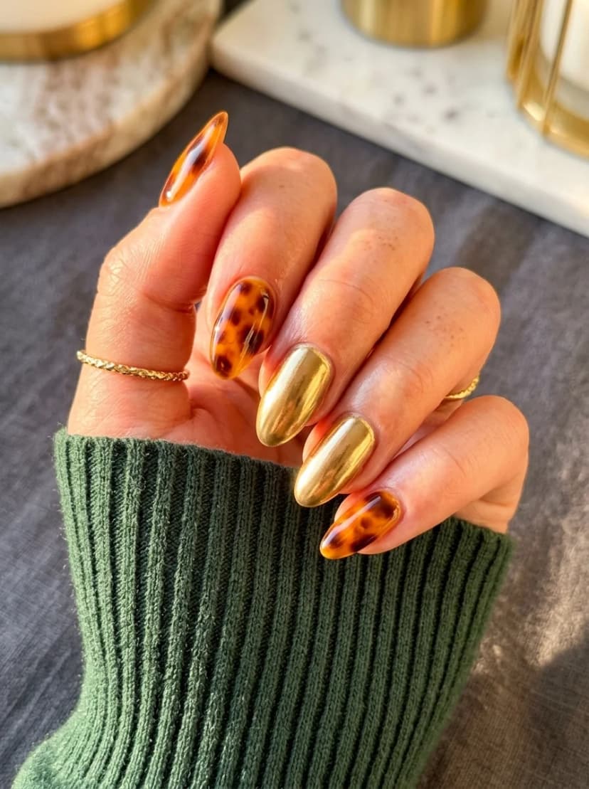 Tortoiseshell and Gold Chrome Nails