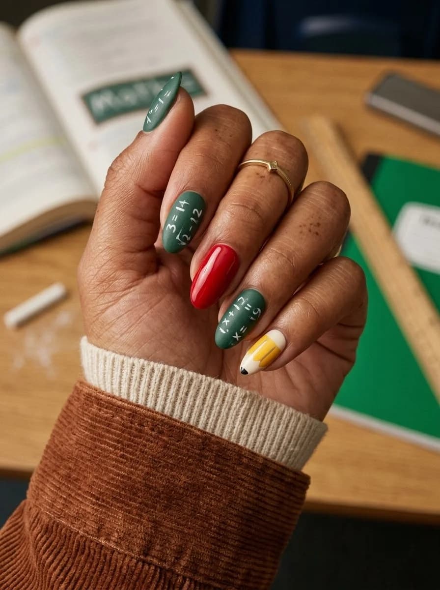 Green chalkboard nails with white math formulas, red polish, a lined nail, and pencil art