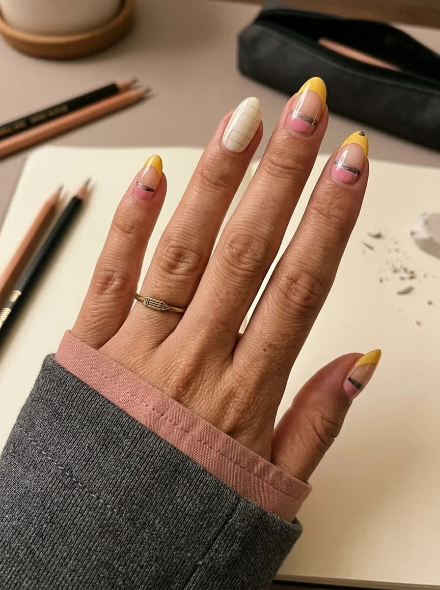 Yellow French tip nails with a white accent nail and pink and black curved lines