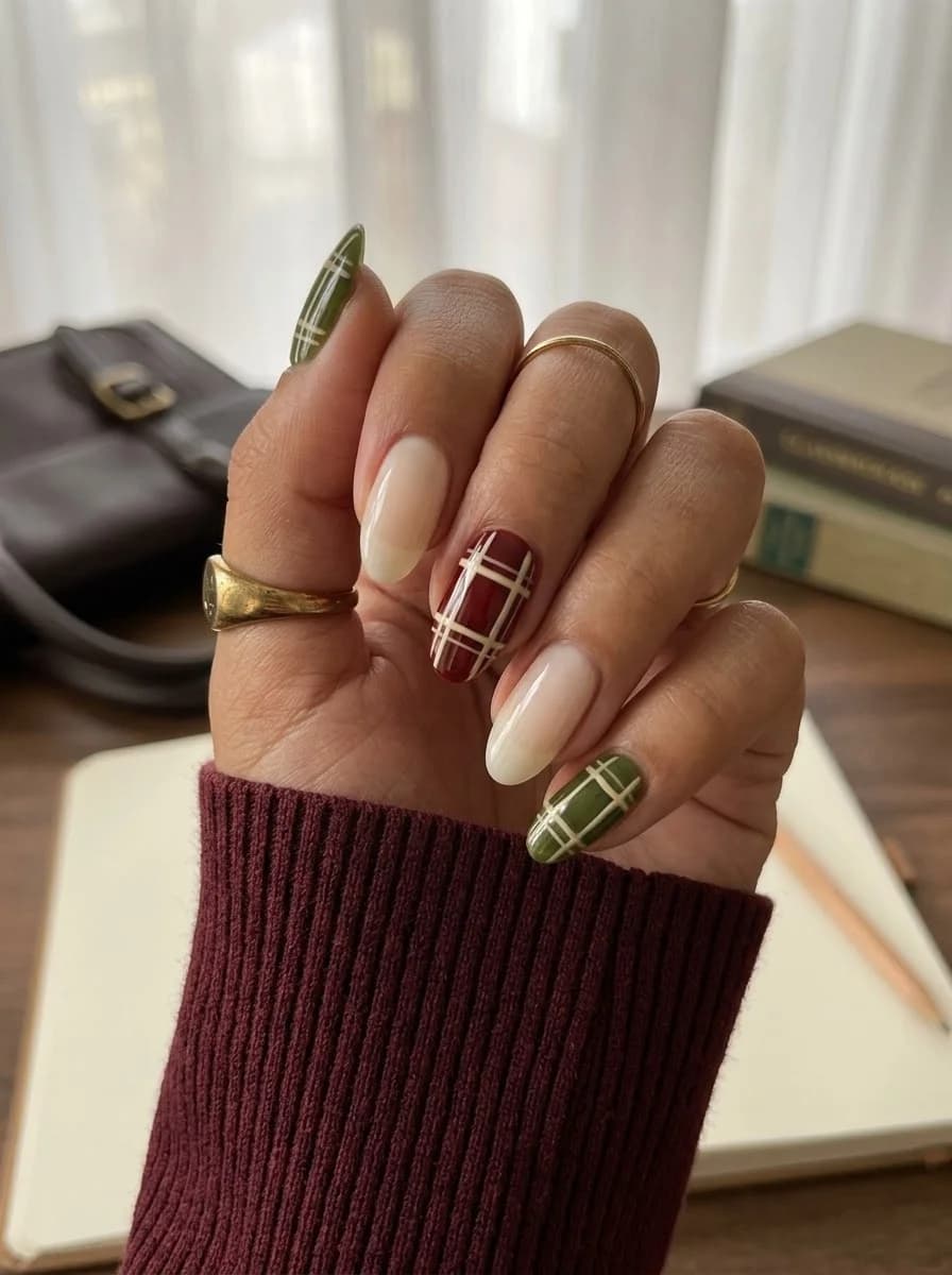 White French tip nails with burgundy and green plaid accents