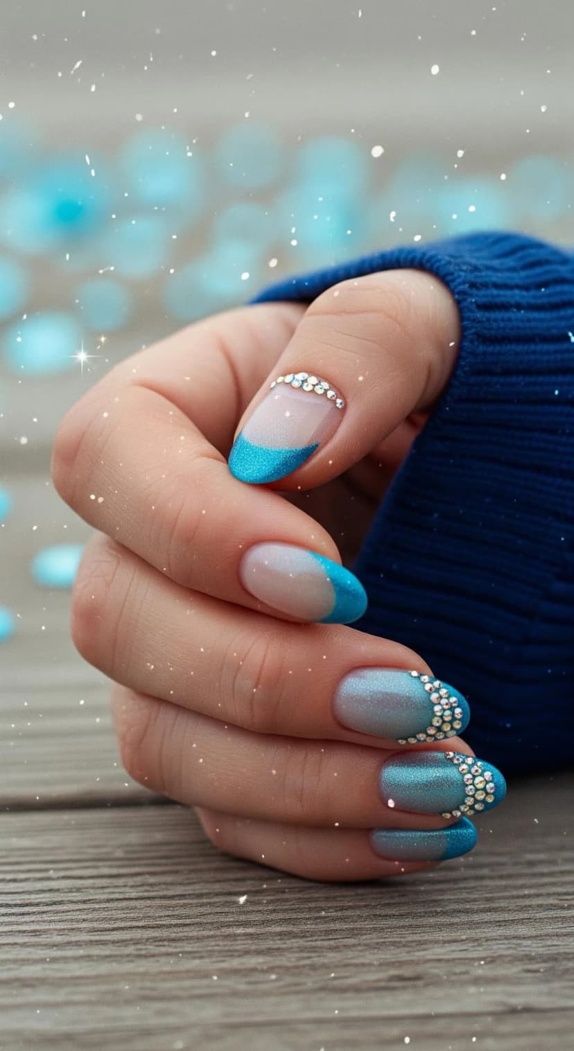 Glittering Teal French Tip + Crystal Embellishments