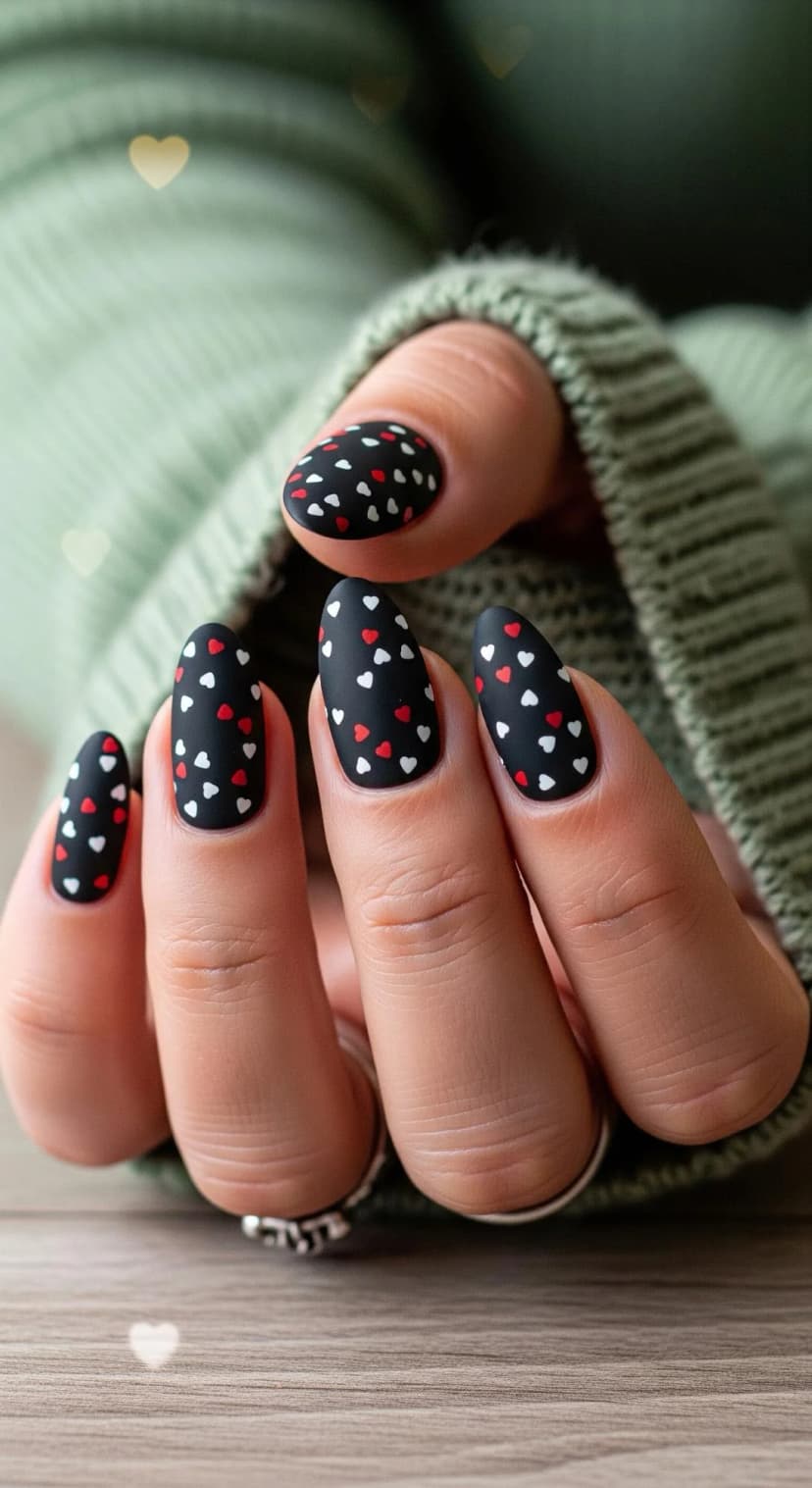 Matte Black Nails with Red & White Heart Nail Art