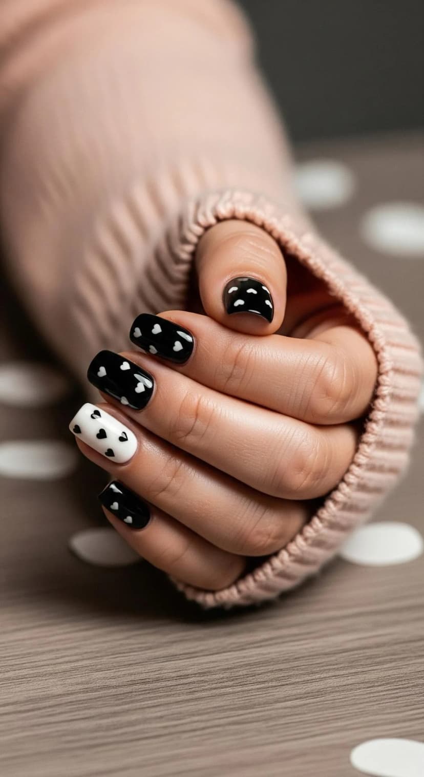 Black Glossy Nails with White Heart Nail Art