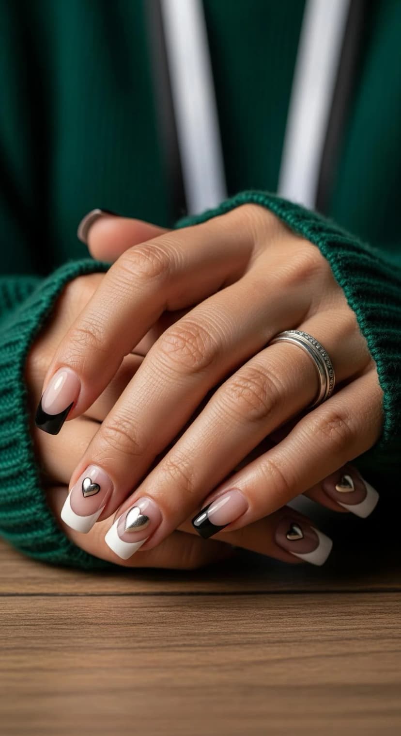 Clear French Tip Nails with Silver Heart Charms