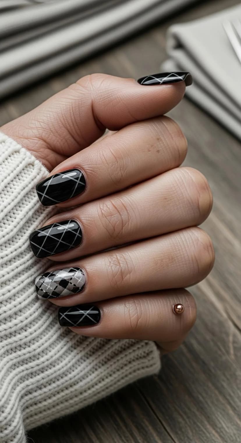 Black Plaid Nails with Graphic White Lines & Grey Pattern Accents