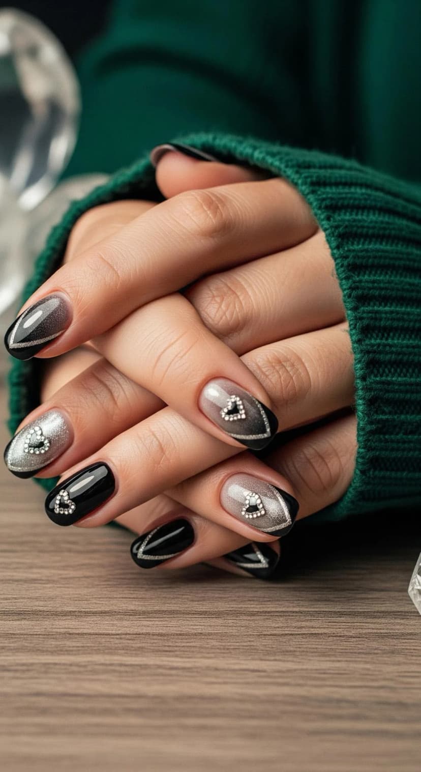 Black Oval Nails with Silver Glitter Accents & Rhinestone Hearts