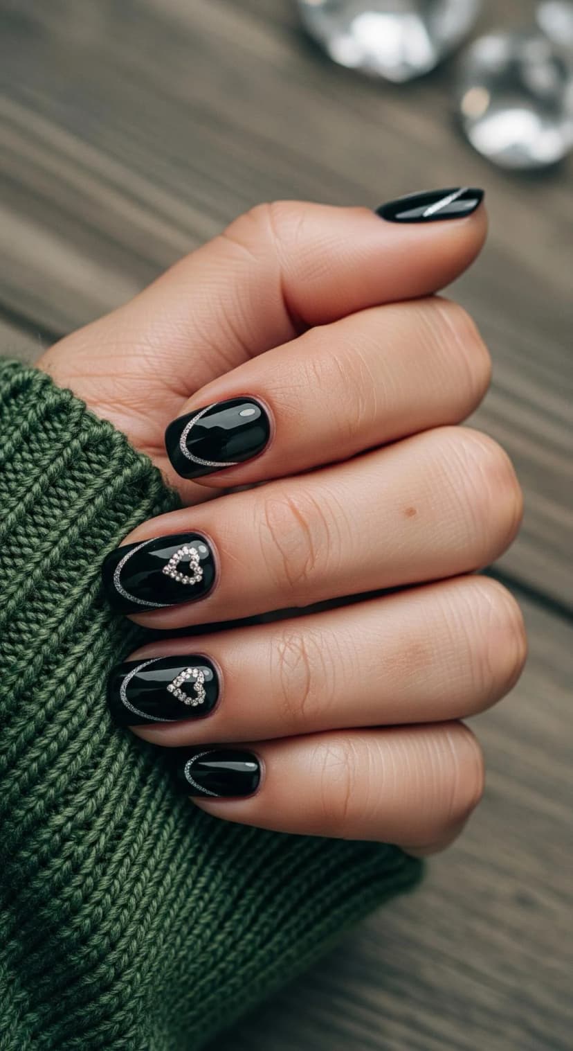 Black Oval Nails with Silver Glitter Accents & Rhinestone Hearts