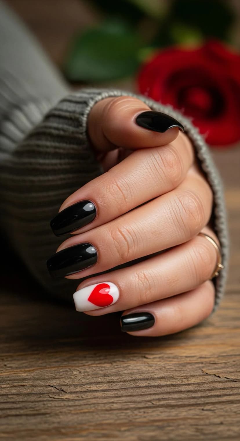 Black Glossy Nails with White Heart Accent Nail
