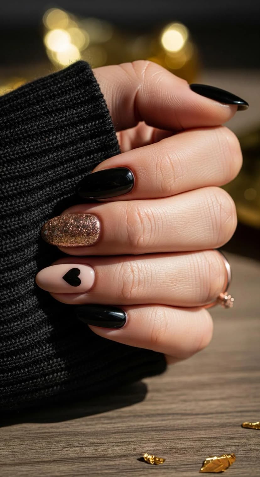 Black Almond Nails with Rose Gold Glitter Accent & Nude Heart Nail