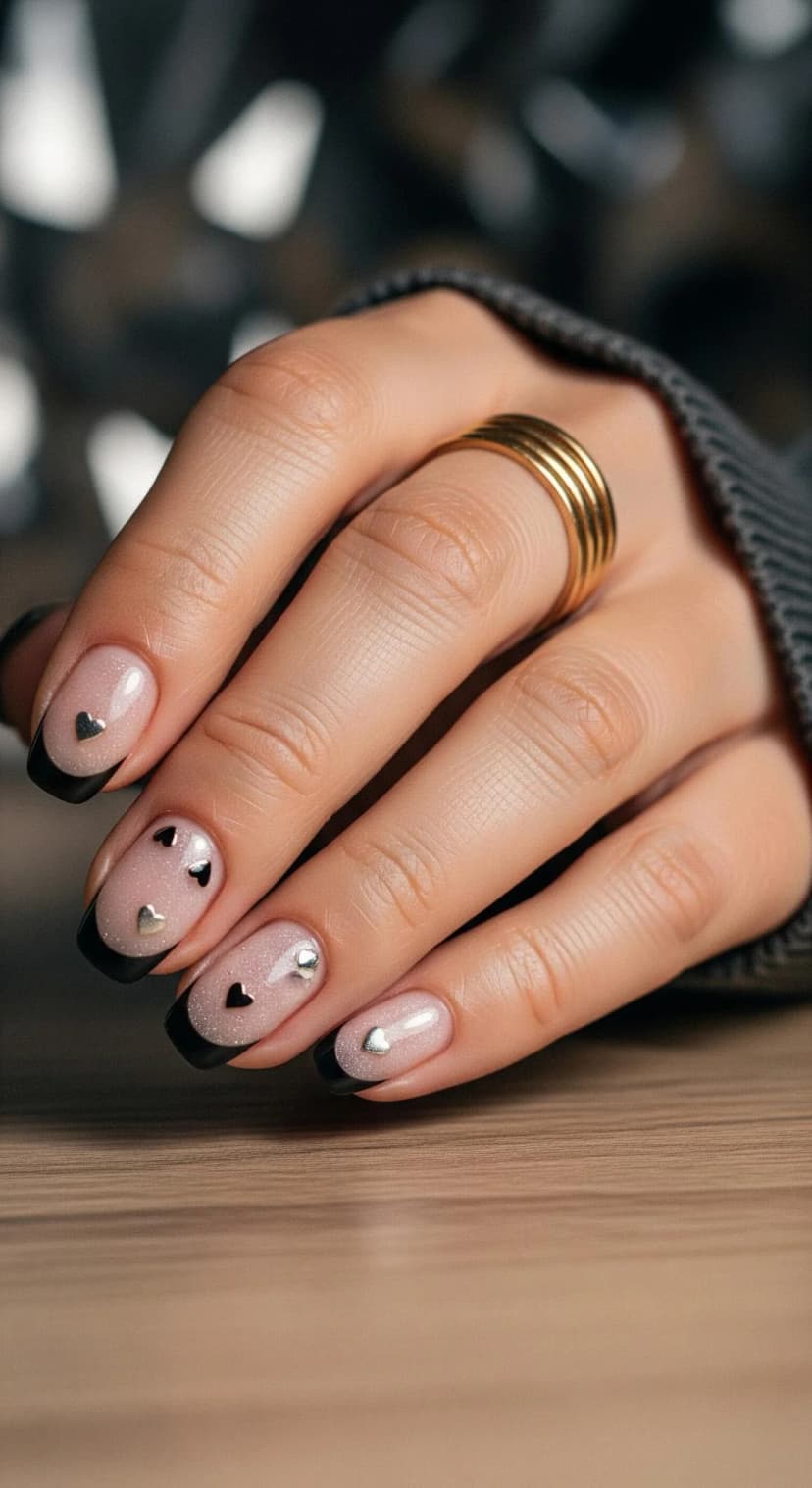 Nude Glitter French Tips with Black French Tips & Heart Embellishments