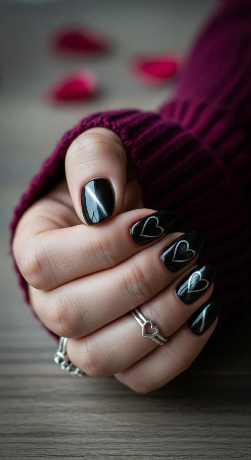Black Cat Eye Nails with Subtle Heart Accents