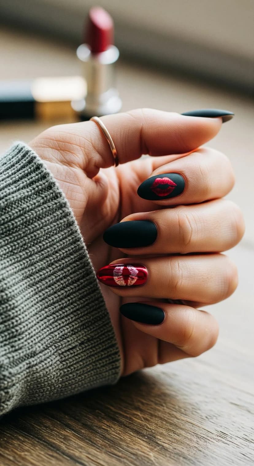 Matte Black Almond Nails with Red Lip Art & Metallic Red Accent
