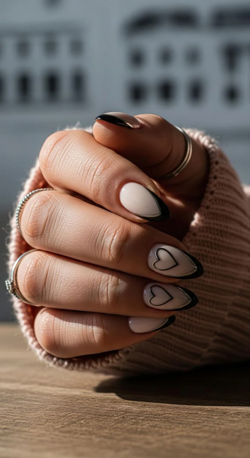 Black French Tip Nails with Tiny Heart Details