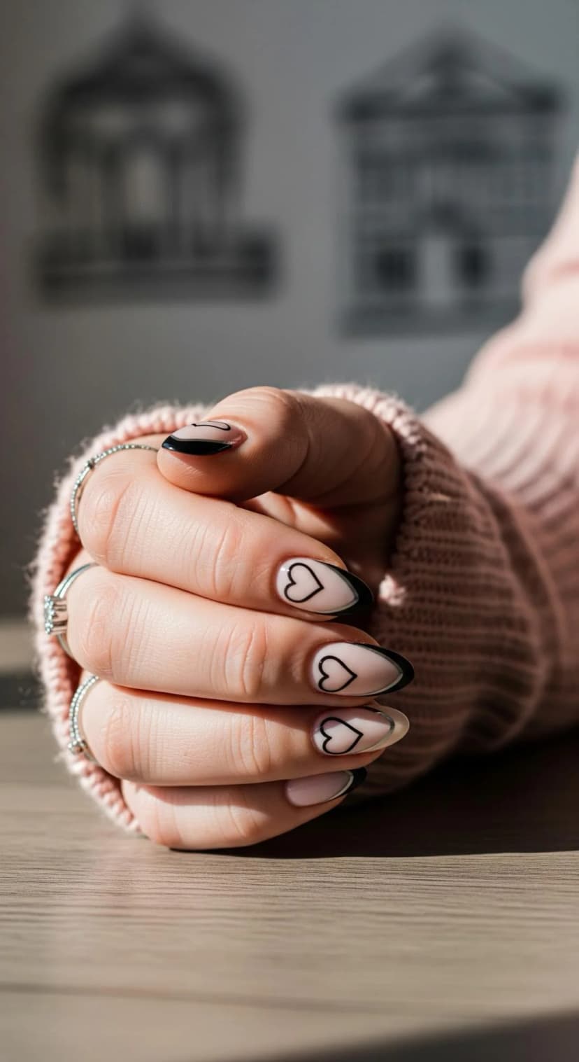 Black French Tip Nails with Tiny Heart Details