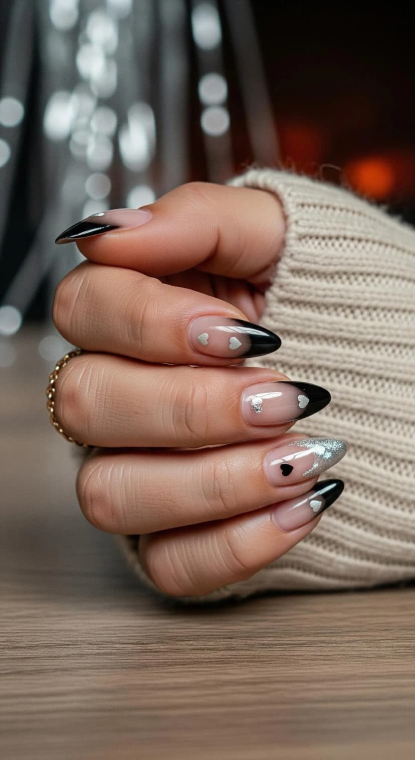 Sheer Nude Nails with Black Ombre Tips & Silver Glitter Hearts