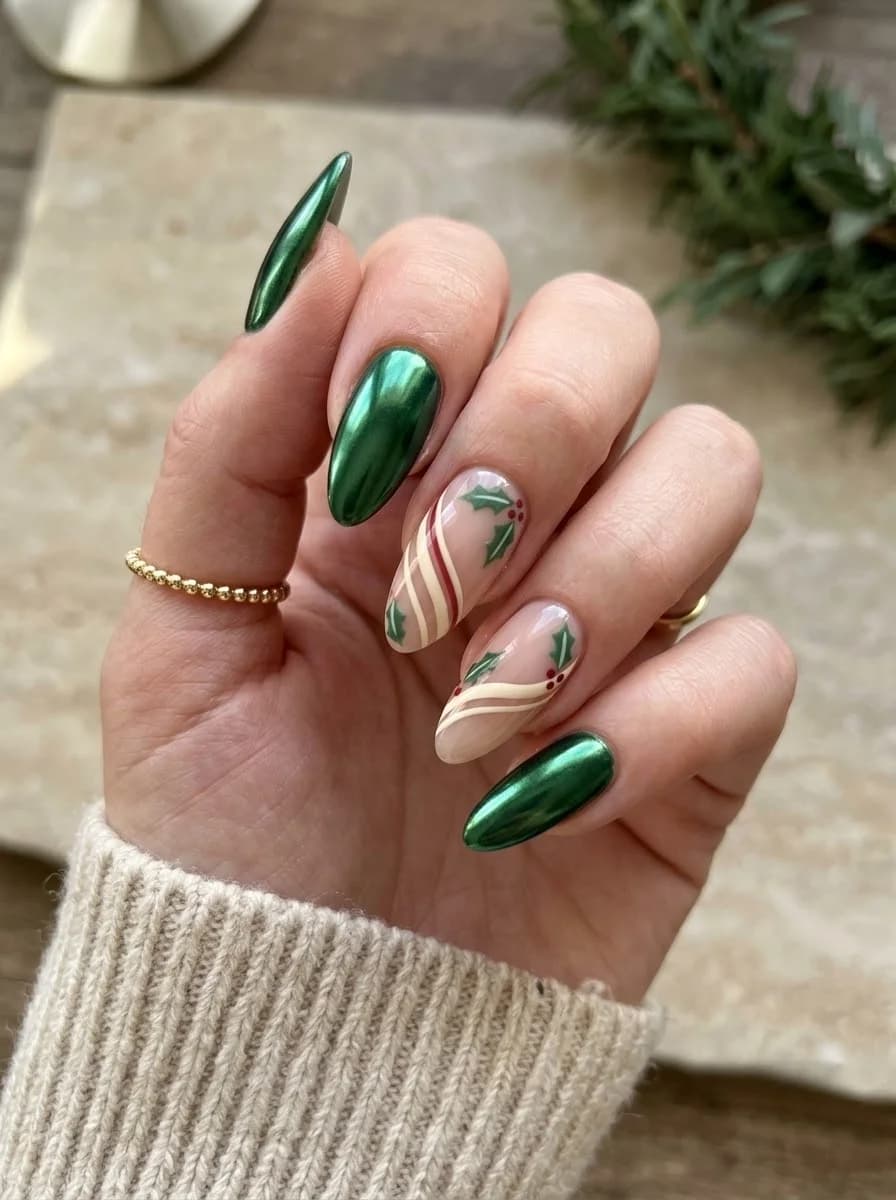 Metallic deep green nails with nude and red stripe accents and holly accents