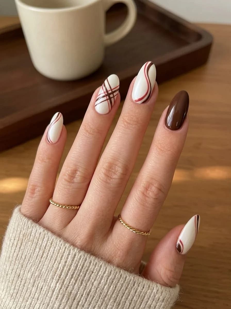 White nails with brown plaid accents brown accent nail nude and red swirl accents