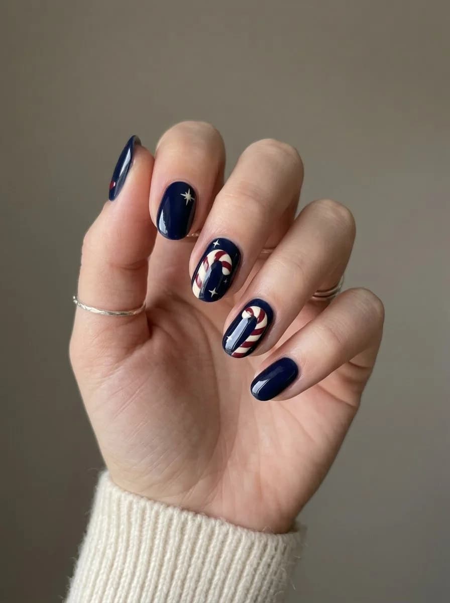 Navy blue nails with candy cane swirl accents and star accents