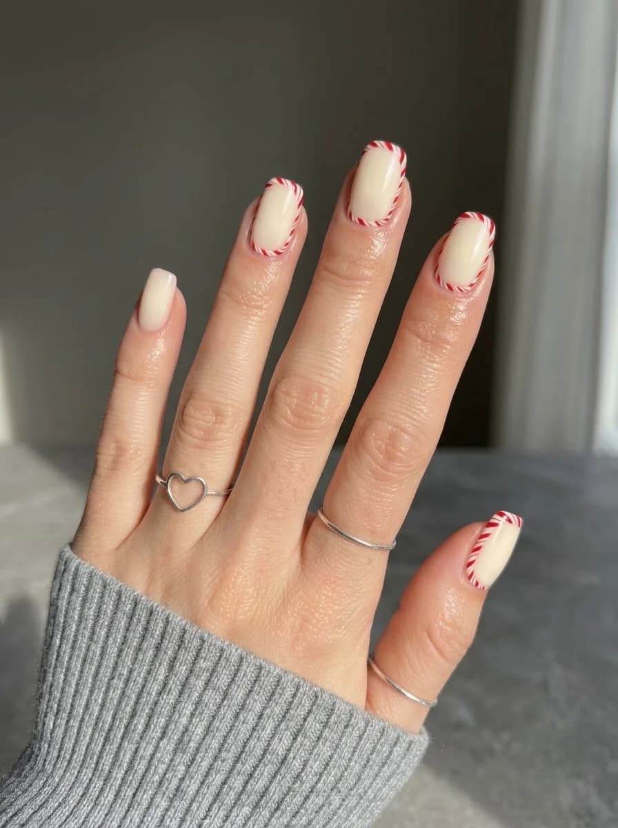 Nude nails with red and white swirl french tips