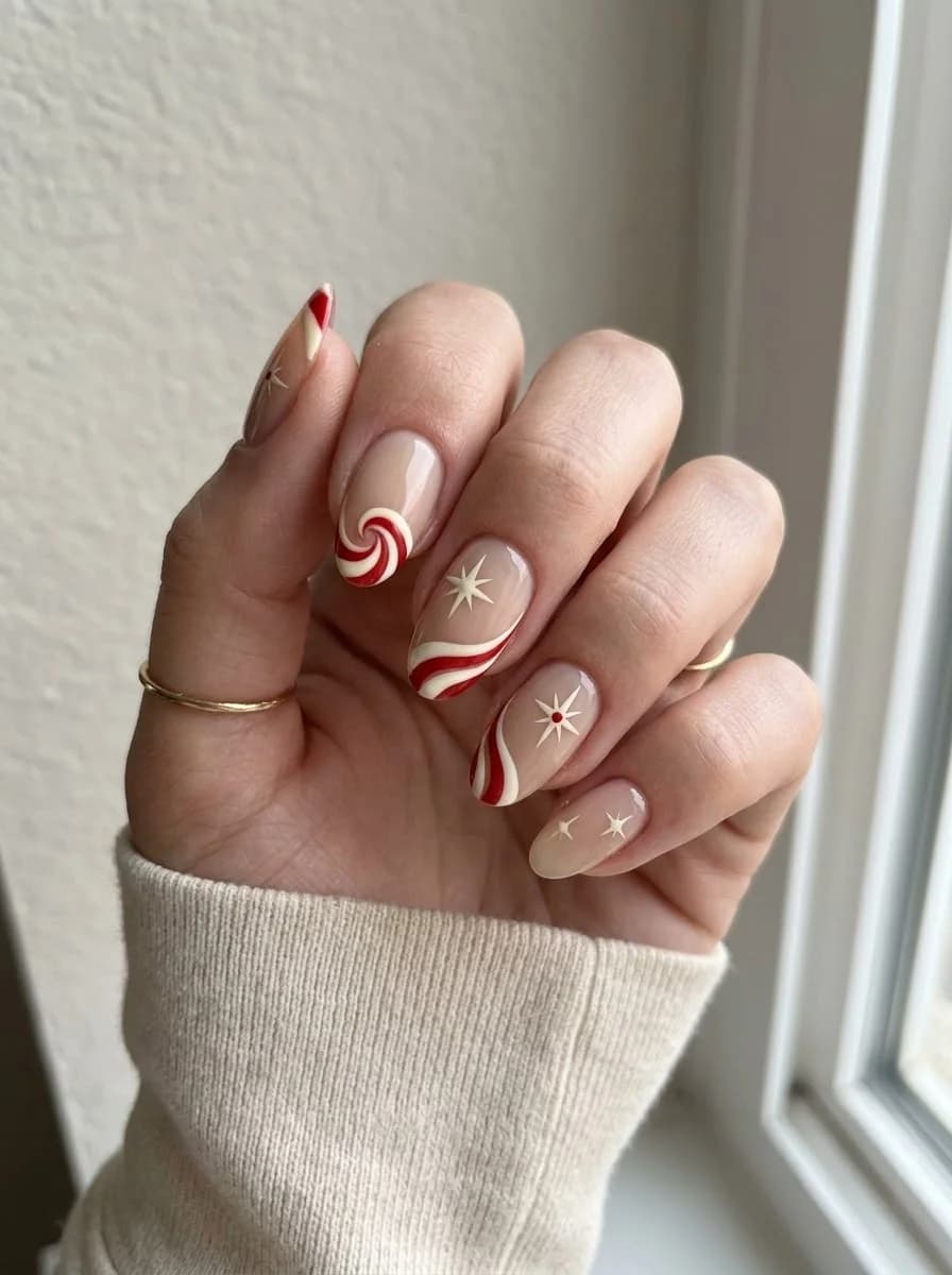 Nude nails with red and white swirl accents and star accents