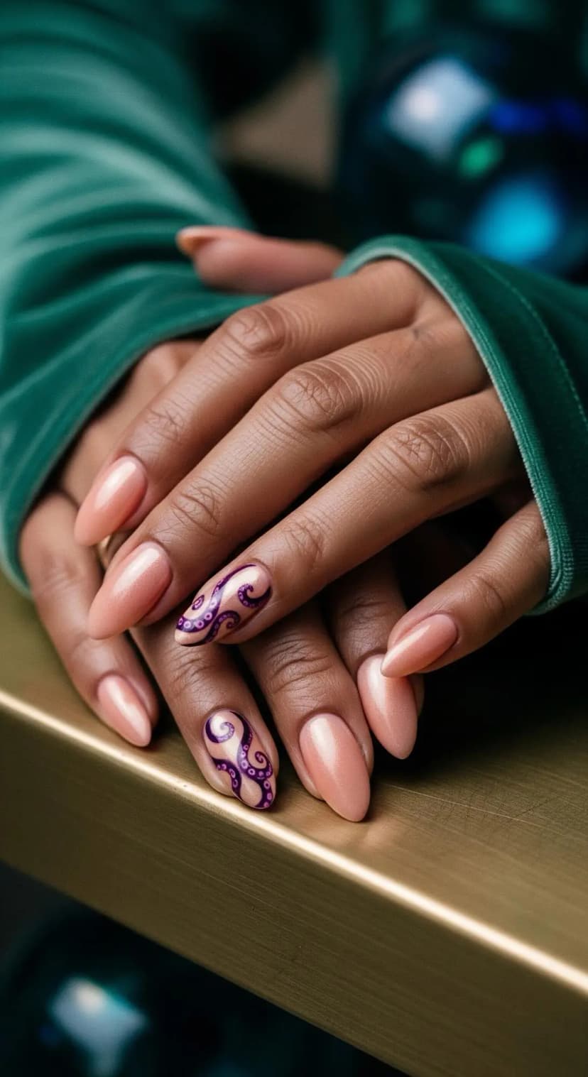 Nude Almond Nails + Purple Octopus Tentacle Art