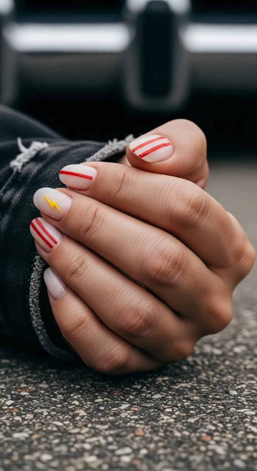 Sheer Milky Base + Red Stripes + Yellow Lightning Bolt