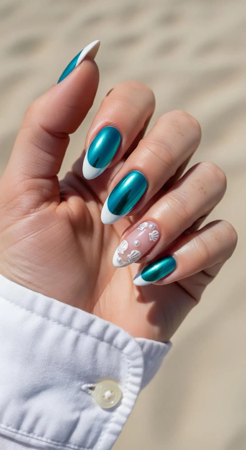 Teal Chrome French Tip + Seashell Pearl Accents