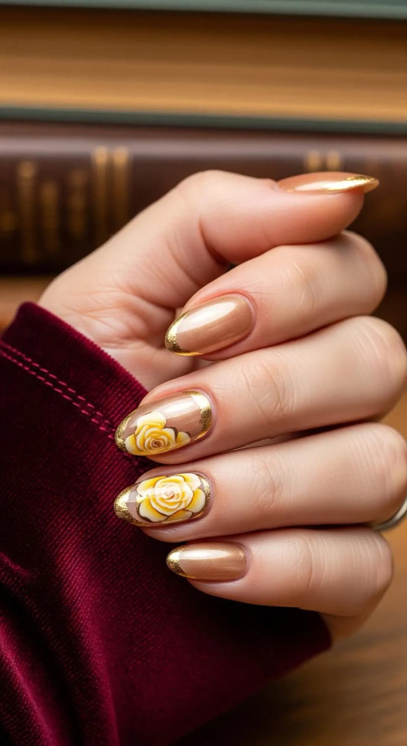 Champagne Metallic French Tip + Yellow Rose Embellishment
