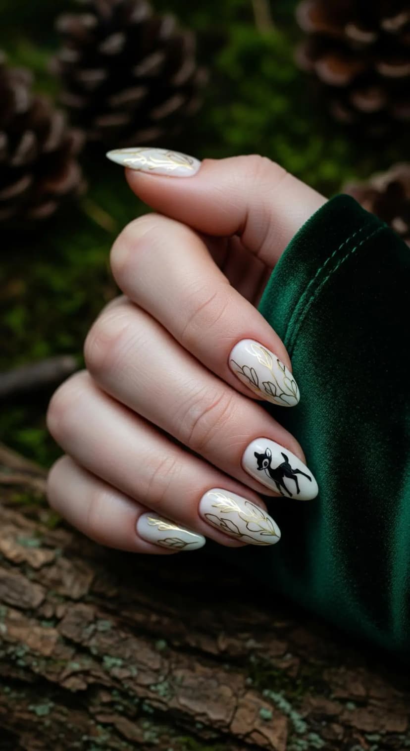 Cream Almond Nails + Gold Leaf Swirls + Bambi Decal
