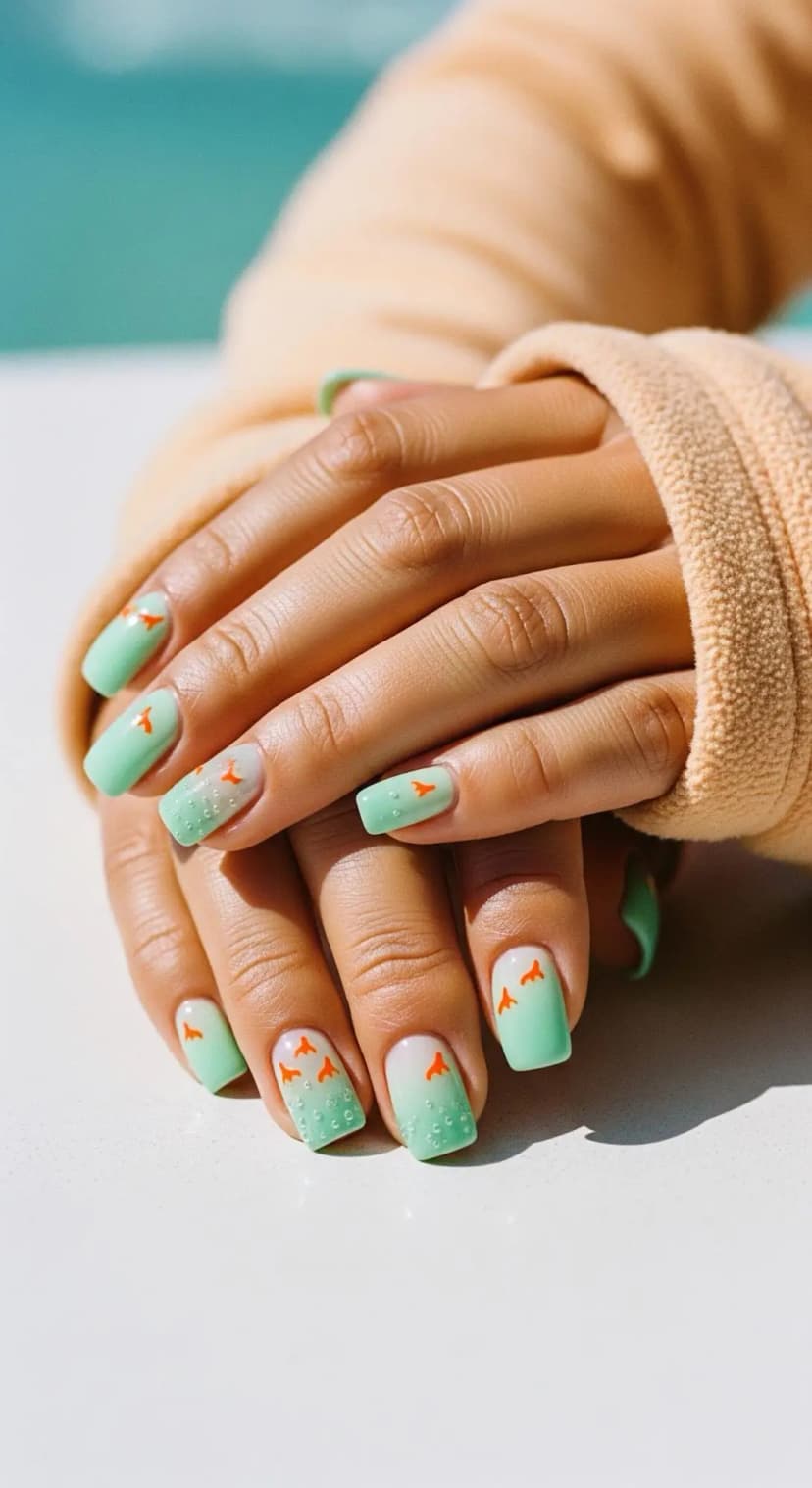 Mint Green Ombre French Tip + Orange Fish Accents
