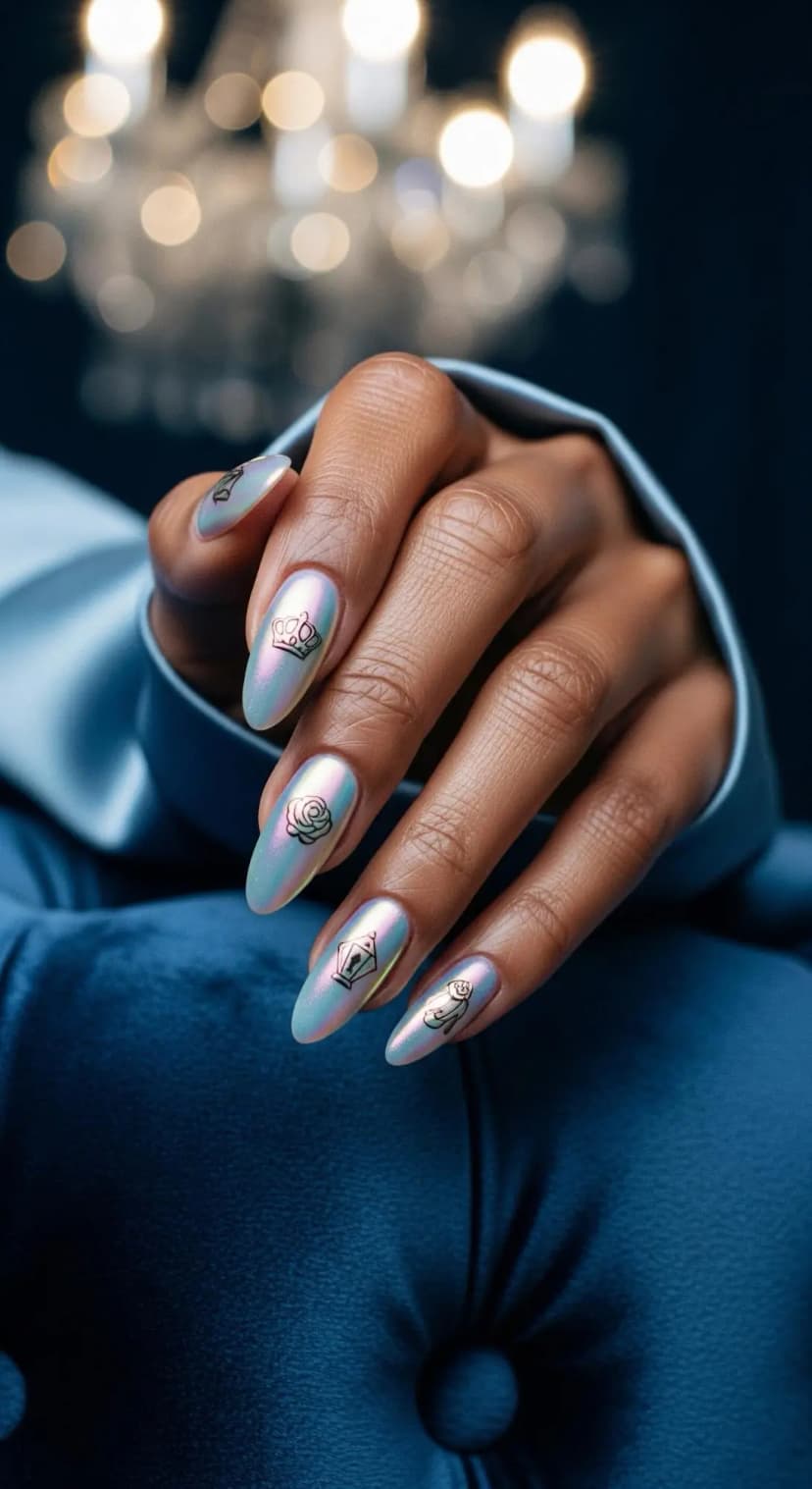 Pale Blue Satin Button-Up Shirt + Dark Blue Velvet Button-Tufted Seat