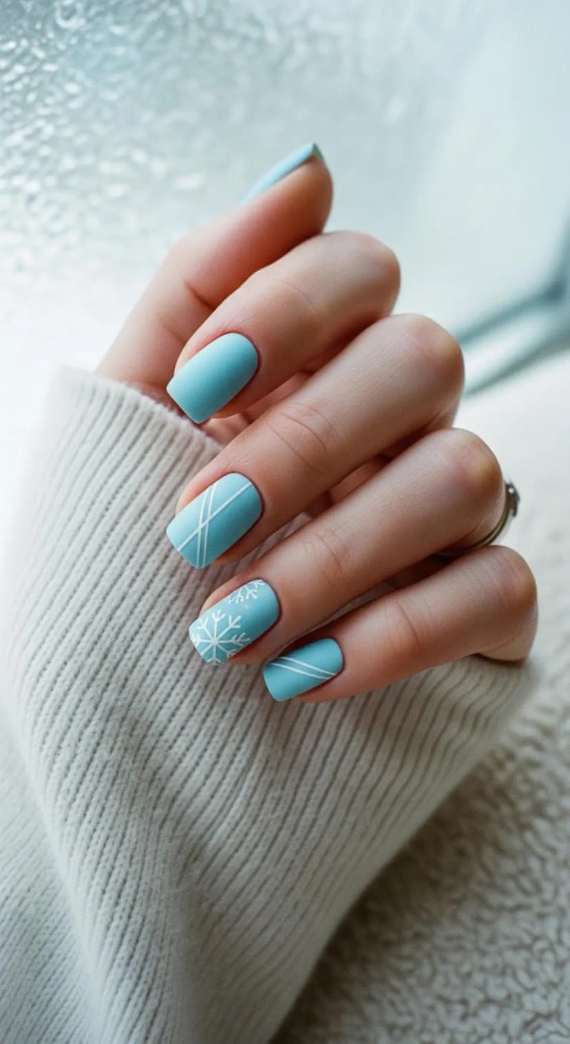 Sky Blue Matte Snowflakes + White Line Art Accents