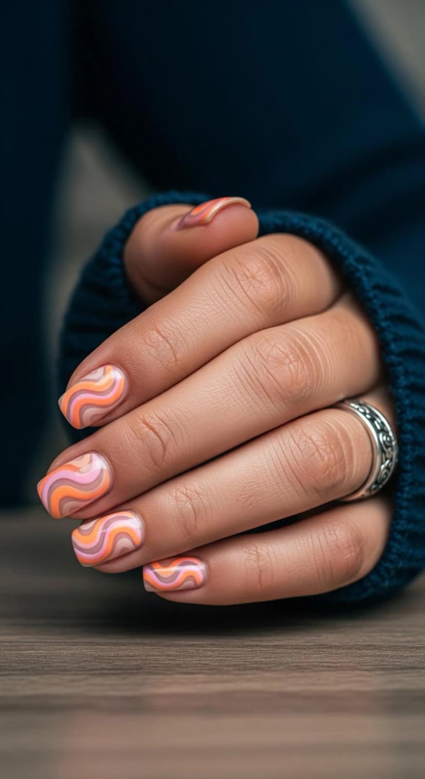 Pink, Orange & Taupe Swirl Nail Art