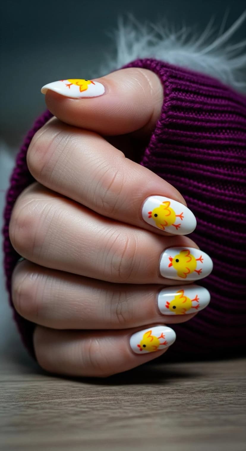 White Oval Nails with Yellow Chick Nail Art