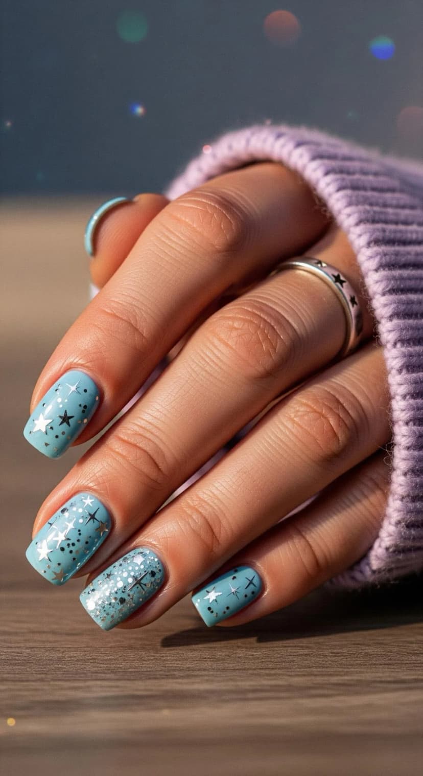Powder Blue Star Print Nails