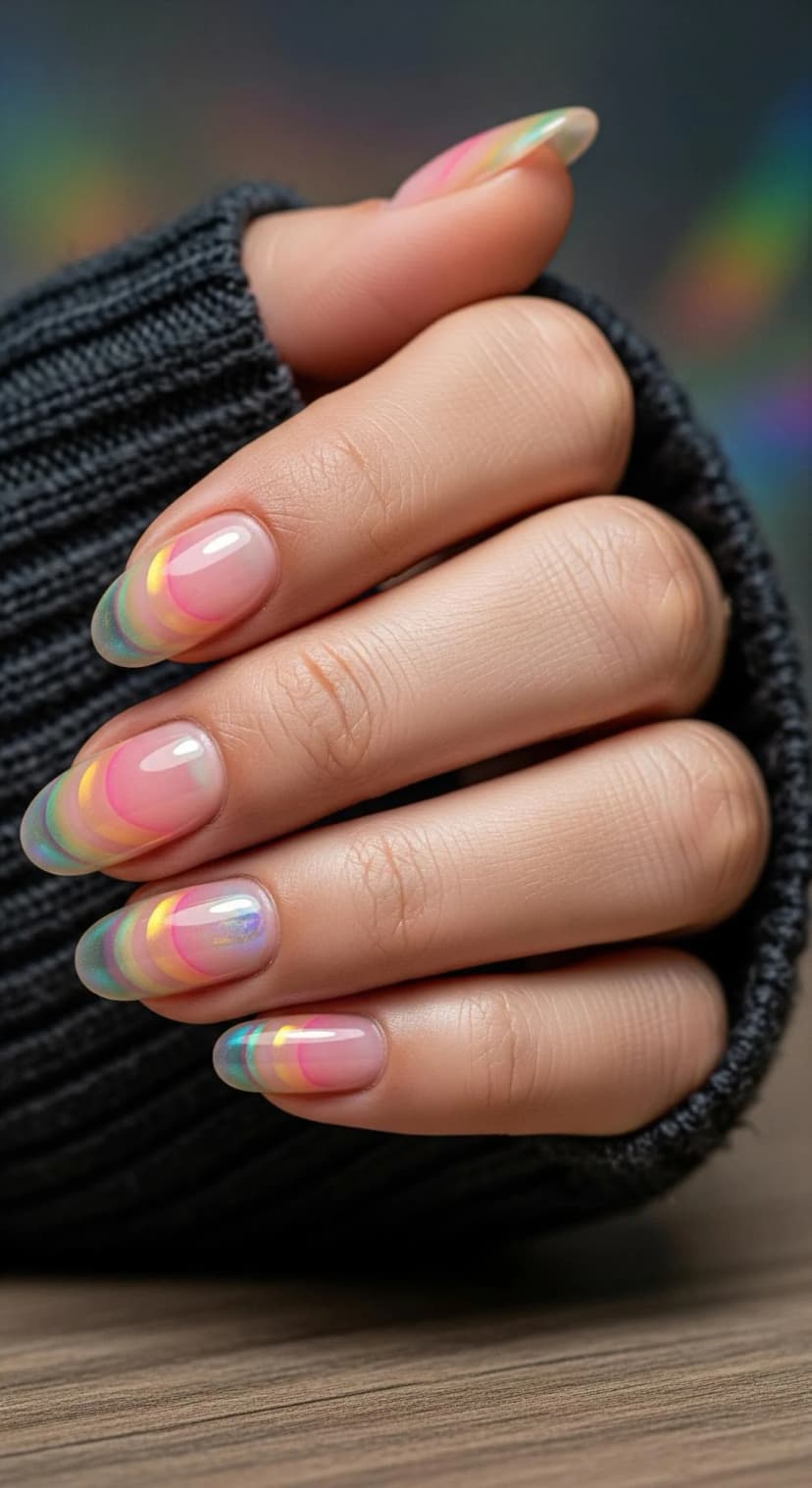 Clear Almond Nails with Pastel Swirl French Tips