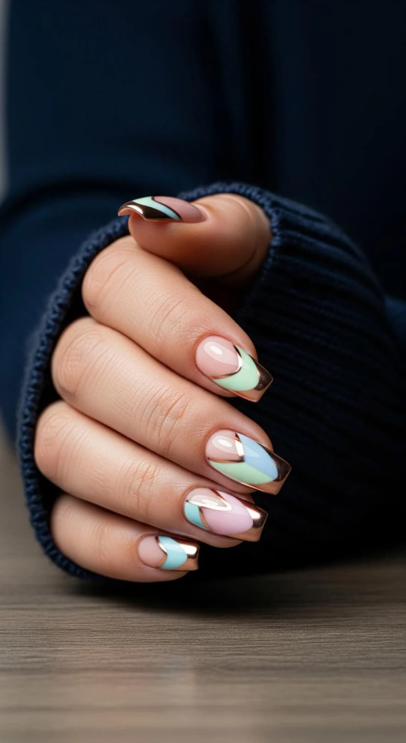 Light Pink French Tip Nails with Mint, Baby Blue & Rose Gold Chrome Accents
