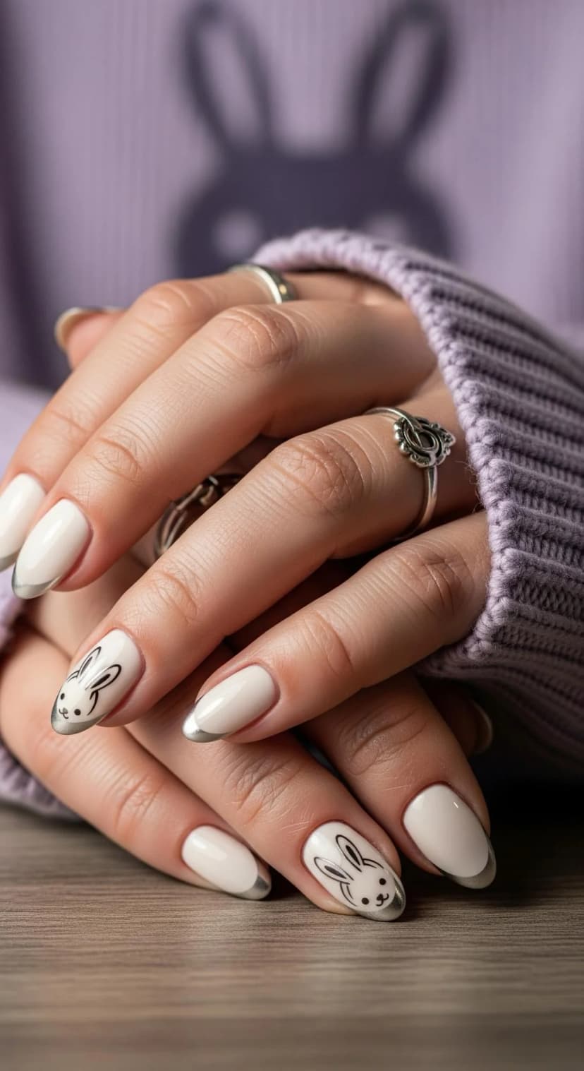 Cream Almond Nails with Silver French Tips & Bunny Nail Art