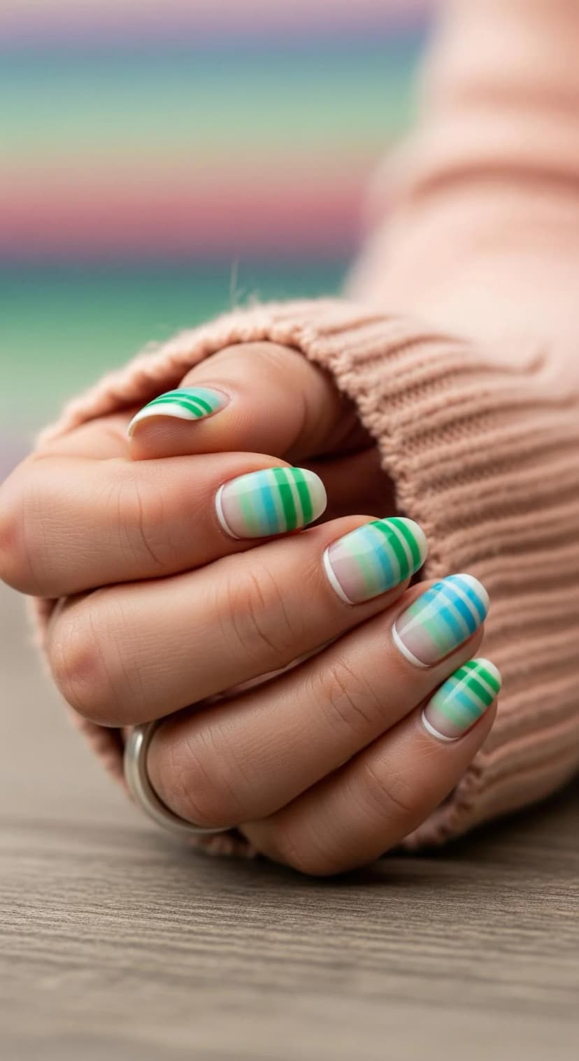 Green & Blue Striped French Tip Nails