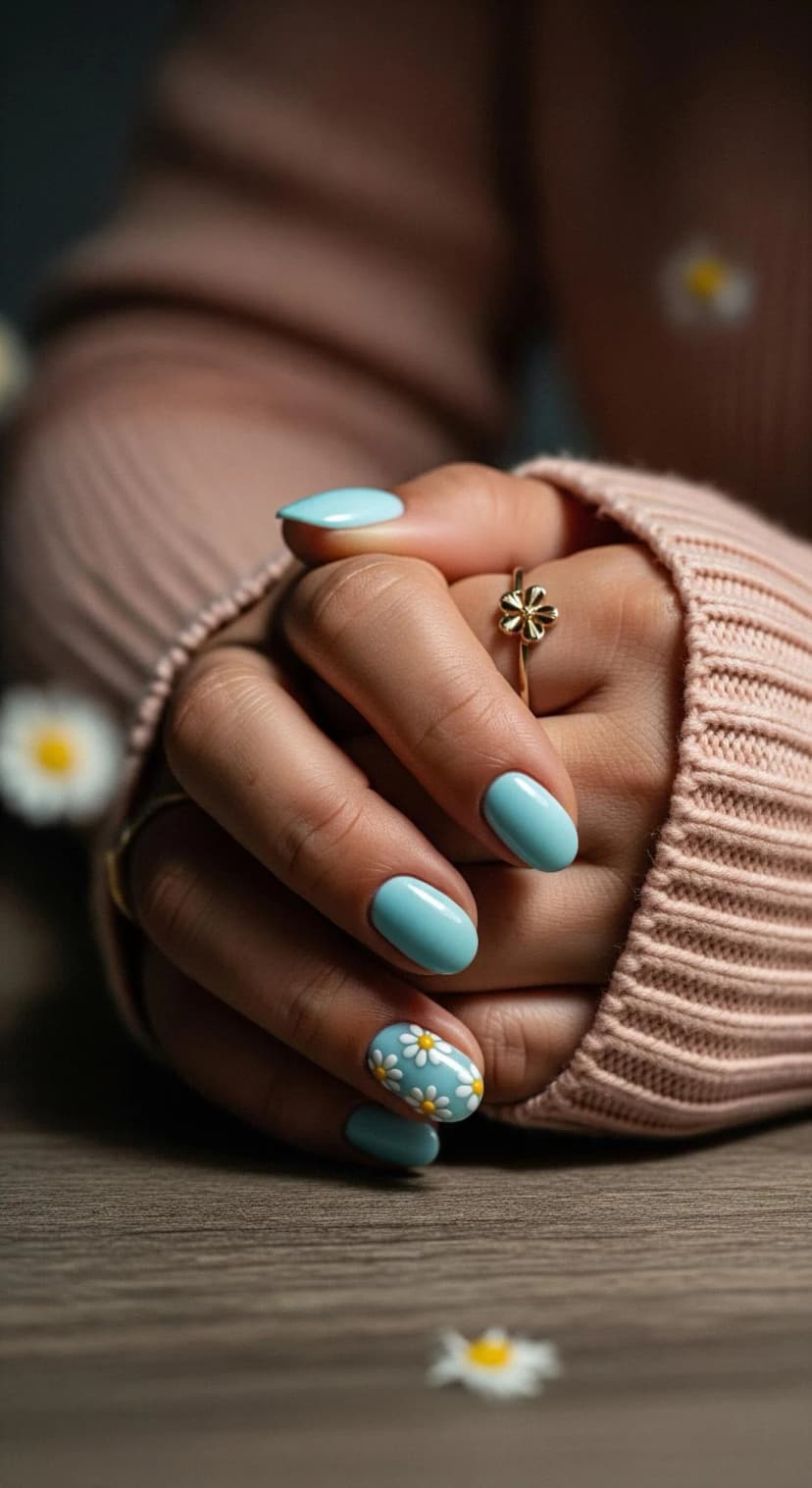 Sky Blue Daisy Nails with White Floral Details