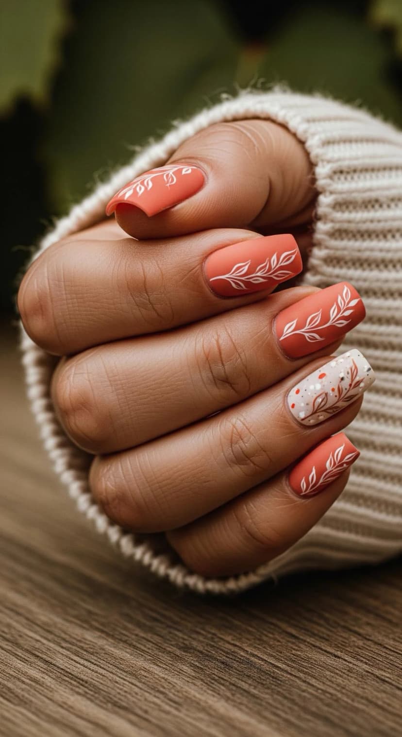 Orange Easter Speckled Egg Nails with Delicate Florals