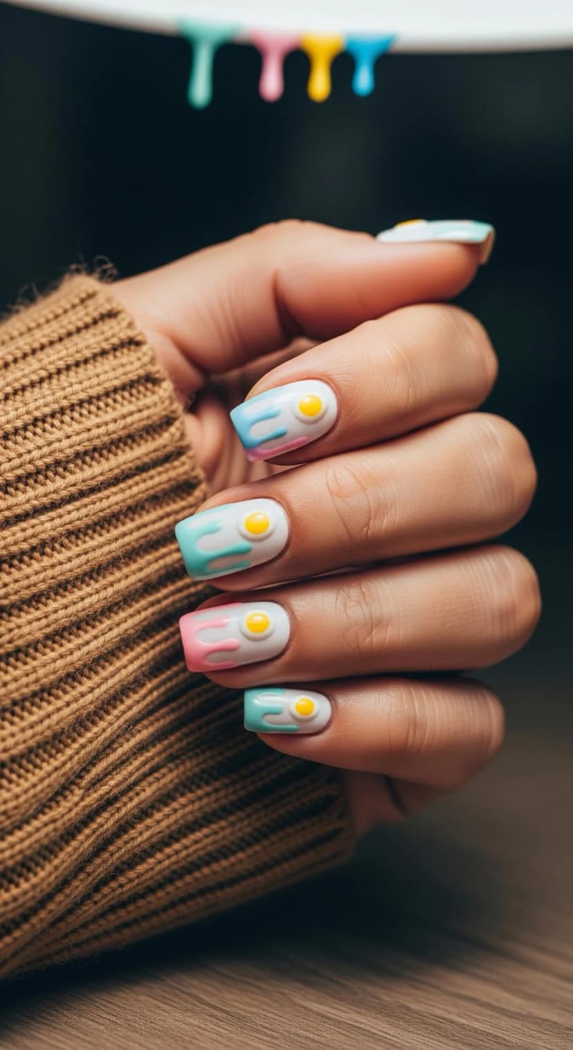 White Base Nails with Pastel Drips and Fried Egg Charms