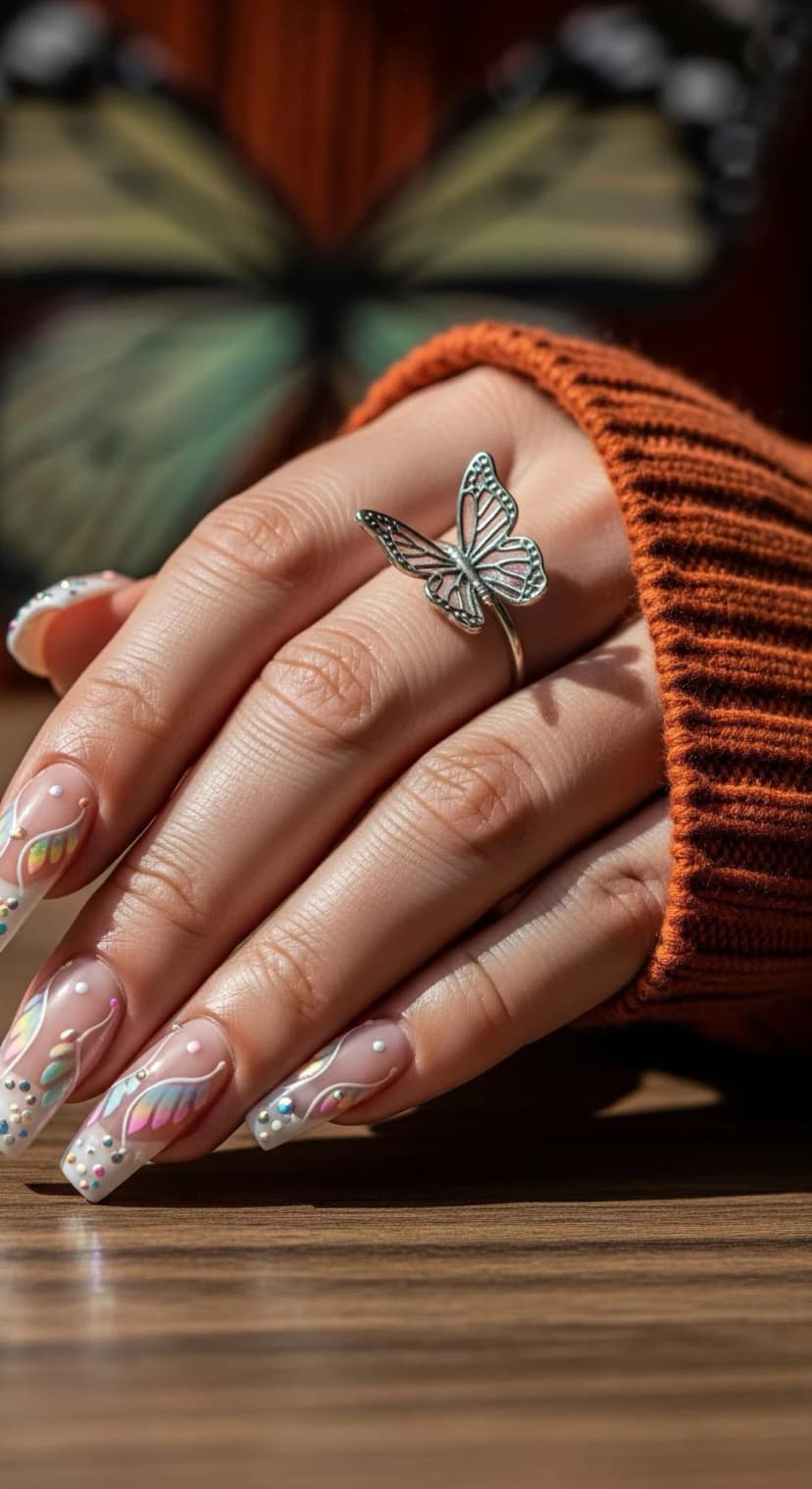 French Tip Nails with Butterfly & Speckled Egg Art