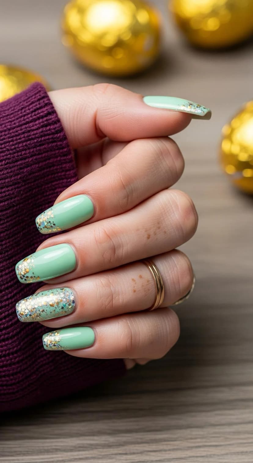 Mint Green Glitter Speckled Nails