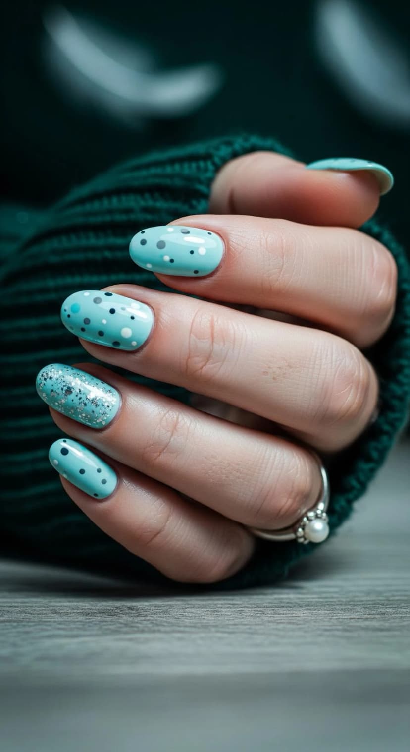 Teal Polka Dot Nails with Silver Glitter Accent