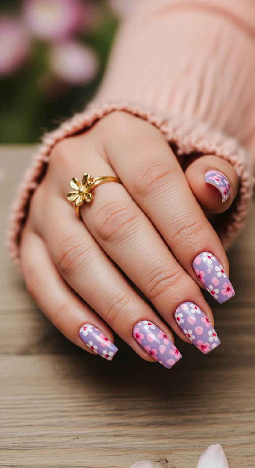 Lilac Floral Speckled Egg Nails